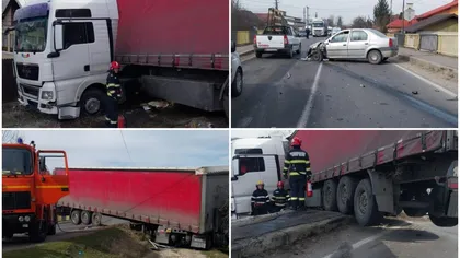 Accident în județul Argeș! Un TIR fără încărcătură s-a ciocnit cu un autoturism, în localitatea Ciulnița