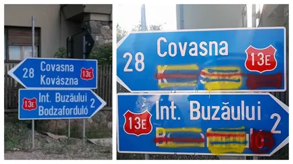 Două indicatoare bilingve au fost vandalizate la Întorsura Buzăului. Porțiunea scrisă în limba maghiară a fost acoperită cu tricolorul României. Polițiștii sunt pe urmele infractorilor