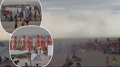 Momentul în care sute de turişti au luat-o la fugă de pe plajă după un mesaj Ro-Alert de furtună. Zece copii care se antrenau cu caiacul, surprinși de furtună pe lacul Siutghiol