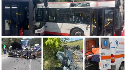 Două autobuze au fost implicate într-un accident rutier în Pitești. O mașină s-a răsturnat pe DN 1