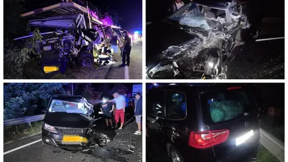 Șase persoane au ajuns la spital, după ce mașina în care se aflau a intrat într-un TIR încărcat cu autoturisme, condus de un bulgar