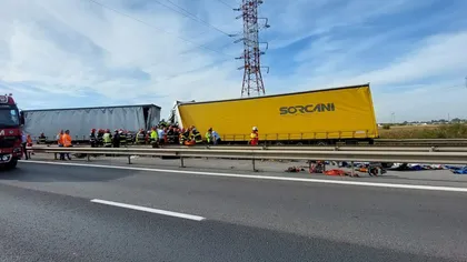 Carambol pe Autostrada A1 pe sensul spre București. Două autoturisme și două TIR-uri implicate, cinci persoane au murit