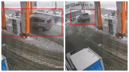 Accident ireal la Iași! O șoferiță a pierdut controlul volanului, a zburat printr-o stație Peco și s-a oprit într-o casă. Momentul a fost filmat - VIDEO