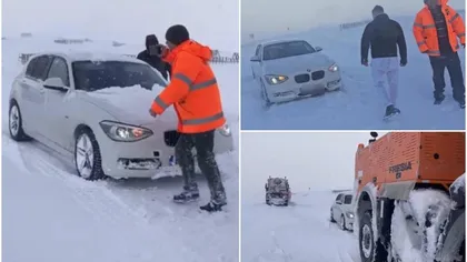 A vrut să fie şmecher, dar s-a făcut de râs! Un bombardier cu BMW a forţat filtrul la Rânca şi a rămas blocat în zăpadă VIDEO