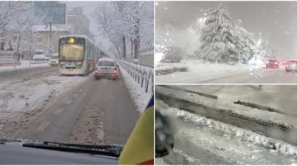 Dezastru în București din cauza zăpezii! Două tramvaie au deraiat, iar străzile sunt pline de nămeți. Motivul pentru care utilajele nu reușesc să deszăpezească