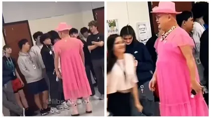 Un profesor de chimie la un liceu, suspendat, după ce a venit în rochie roz la cursuri. Elevii îl susţin: 