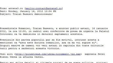 Antena 3 se dezice de aparitia pe Internet a unui anunt fals privind demisia lui Basescu (Video)