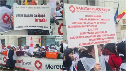 Sindicaliștii Sanitas, protestează în fața Ministerului Finanțelor și a Caselor de Asigurări de Sănătate: „Foşti eroi în pandemie, spor mai mic ca-n primărie”