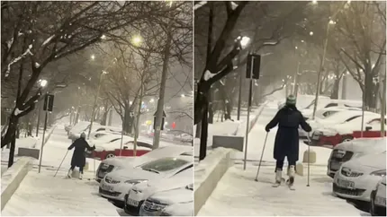 O femeie din București, surprinsă în timp ce schia pe un trotuar. Imaginile au devenit virale pe rețelele de socializare. VIDEO