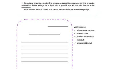 Subiecte română Evaluarea Națională clasa a II-a 2025. Elevii au avut de redactat un text din 6 propoziții în care să folosească informațiile dintr-un afiș