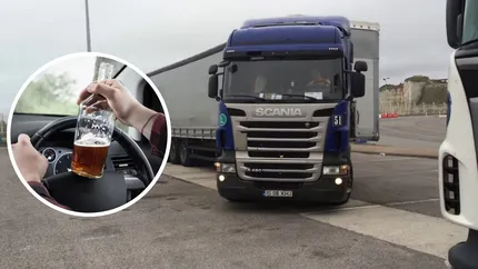 Un șofer de tir stă beat de o săptămână, blocat într-o parcare de camioane. Polițiștii i-au luat actele și așteaptă să se trezească