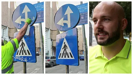 Un tânăr comandant de navă curăță, pe cheltuiala lui, indicatoarele rutiere din Capitală. Cum au reacționat Poliția și bucureștenii. ”Să te apuci și de primărie. Marinarii au avut succes la ea!”
