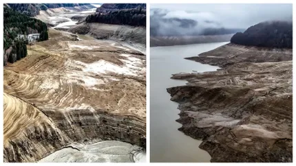 Barajul Vidraru va fi golit complet prima dată în ultimii 50 ani. Imagini uluitoare după ce nivelul apei a scăzut cu peste 100 de metri FOTO