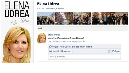 Elena Udrea l-a felicitat pe Facebook pe Traian Băsescu