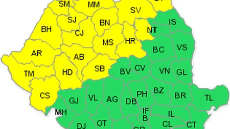 Atenţionare COD GALBEN de vijelii, ploi şi grindină