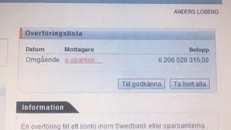 Un suedez a avut pentru două ore 724 de milioane de euro în cont