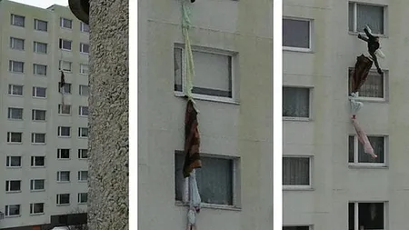 Momentul în care un bărbat cade de la etajul şapte, după ce o sfoară din cearşafuri se rupe FOTO