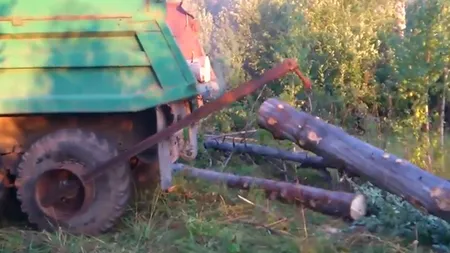 Cum cară ruşii buştenii. Vezi ce METODĂ a găsit un bărbat ca să urce lemnele în camion VIDEO