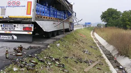 Drumul cioburilor. Trafic blocat parţial pe un drum european, din cauza sticlelor căzute pe şosea