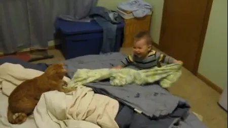ADORABIL. Un bebeluş râde molipsitor în timp ce se joacă cu o pisică VIDEO