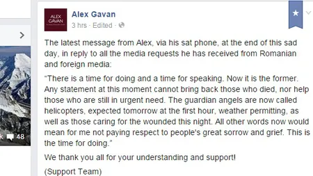 ALEX GAVAN, ultimul mesaj al românului surprins de cutremur în Nepal