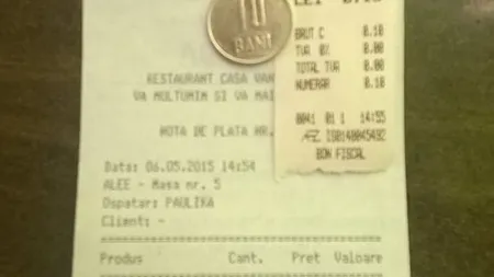 CULMEA fiscalităţii: Bon pentru un bacşiş de 10 bani