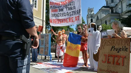 Klaus Iohannis, întâmpinat la Salzburg de protestatari: Vă rugăm salvaţi câinii din România!