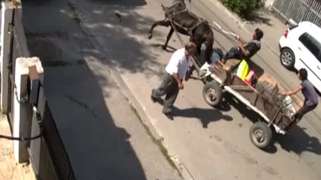 Accident la Craiova. O căruţă a intrat într-o maşină parcată pe marginea drumului VIDEO