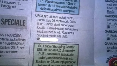 Un cuplu din Piatra Neamţ îşi caută invitaţi la NUNTĂ printr-un anunţ în ziar