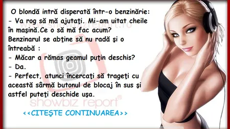 Bancul zilei. O blondă îşi uită cheile în maşină
