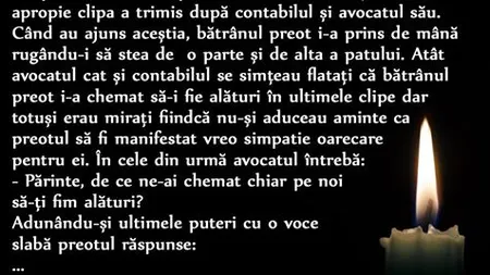 BANCUL de sâmbătă: Ce caută un avocat şi un contabil lângă un preot pe moarte?