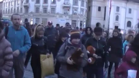 PROTEST la Sibiu faţă de împuşcarea ursului: Oamenii au cerut demisia şefului Poliţiei şi a prefectului VIDEO