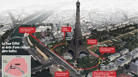 Turnul Eiffel va fi înconjurat de un zid înalt de 3,2 metri. Costă 30 de milioane de euro, iar construcţia lui a început