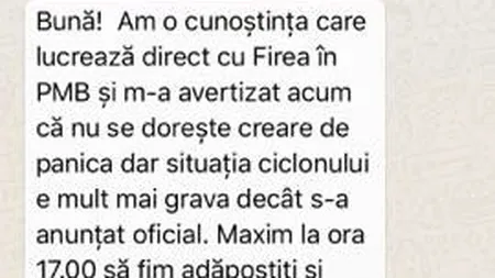 Mesaje SPAM despre FURTUNA anunţată în Bucureşti menite să inducă panica, distribuite pe WhatsApp