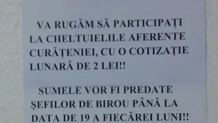 Scandal la IPJ Slatina. Poliţiştii sunt puşi să dea câte 2 lei, pentru curăţenie