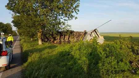 Un TIR plin cu lemne s-a răsturnat. Două persoane au fost rănite
