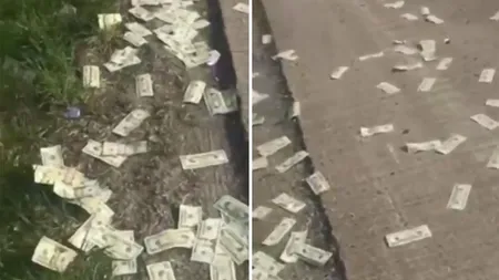 Ploaie de bani pe autostradă. Unii şi-au umplut sacoşele cu dolari VIDEO