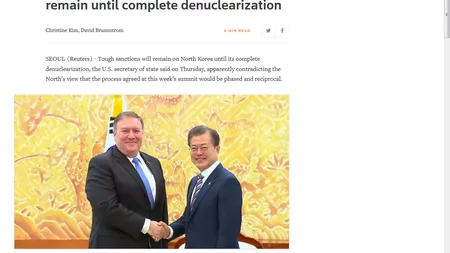 Mike Pompeo anunţă că sancţiunile impuse Phenianului se vor menţine până la denuclearizarea completă