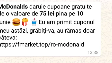 Escrocherii cu vouchere în numele Mc Donald's. Mesaje despre o falsă promoţie, distribuite pe WhatsApp