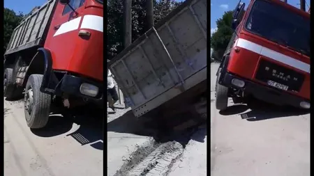 Imagini incredibile în Olt. O basculantă s-a scufundat pur şi simplu în asfalt