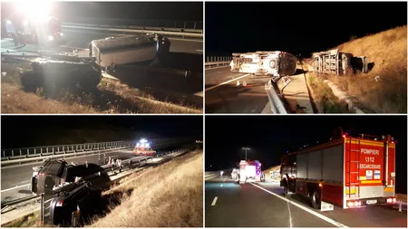 Accident grav pe A1, un microbuz plin cu pasageri s-a răsturnat VIDEO