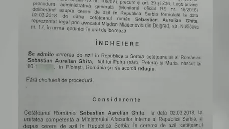 Documentul care atestă că Sebastian Ghiţă a primit azil politic în Serbia