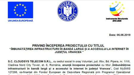 29 de localităţi din Vrancea vor beneficia de îmbunătăţirea infrastructurii de internet în bandă largă
