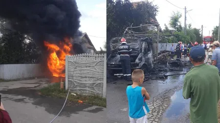 Zeci de persoane fără curent electric şi internet după ce o autoutilitară a ars pe stradă. Focul a topit cablurile de pe stâlpi