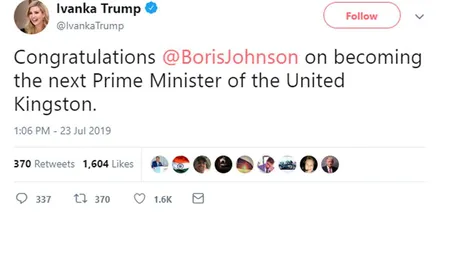 Ivanka Trump l-a felicitat pe Boris Johnson pentru că a devenit noul premier al 