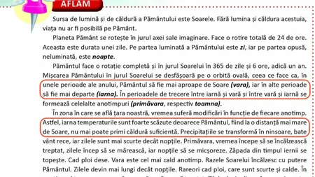 Greşeli în manualul de Ştiinţe ale Naturii pentru clasa a IV-a: Anotimpurile ar fi formate din cauza depărtării Pământului de Soare