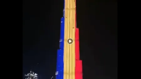 Imagini spectaculoase! Cea mai înaltă clădire din lume, luminată în tricolorul României de 1 Decembrie VIDEO