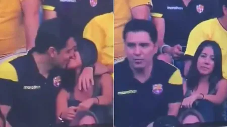 Surprins de camere pe stadion, în timp ce îşi sărută amanta. 