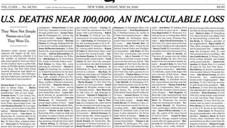 Cotidianul New York Times a publicat pe prima pagina o listă cu numele persoanelor decedate în urma infecţiei cu coronavirus