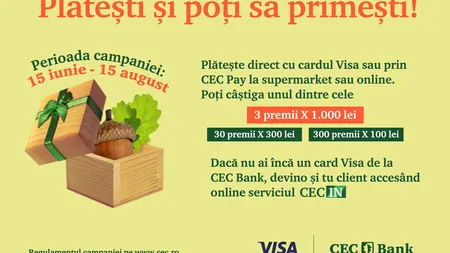 Tranzacţiile cu cardul tău CEC Bank Visa îţi pot aduce premii în bani